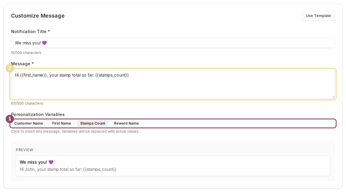 The message field containing two personalization tags after clicking the Stamps Count chip