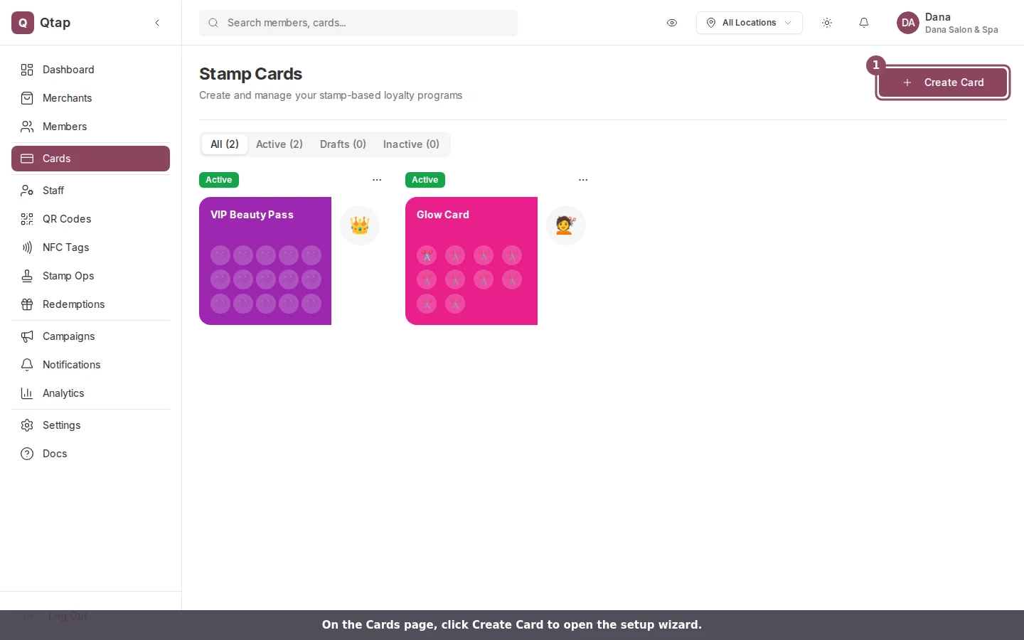 The Stamp Cards page with the Create Card button highlighted