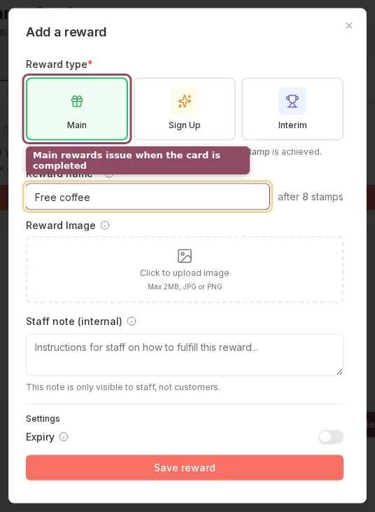 The Add a reward dialog with the Main reward type selected and a reward name entered