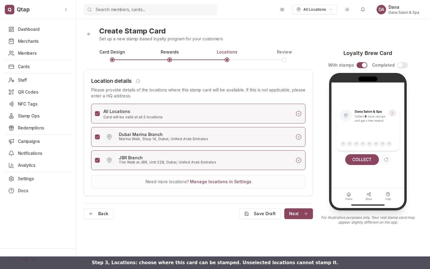 The Locations step listing the merchant's branches with checkboxes