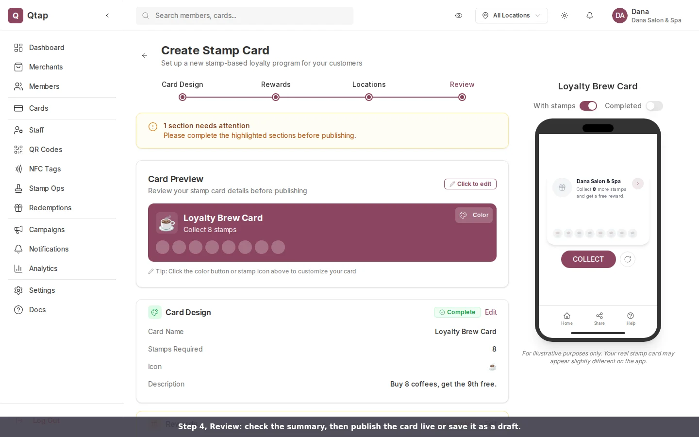 The Review step showing the card preview, design summary, and an attention banner for the missing reward