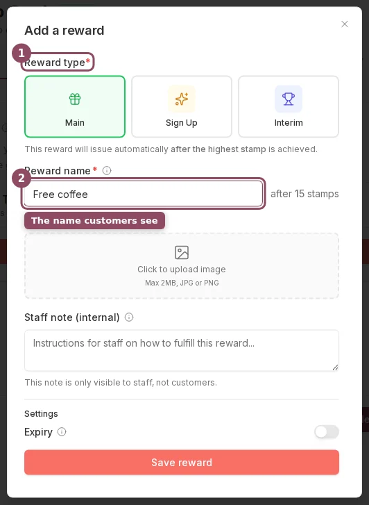 Add a reward dialog with the Main type selected and a reward named Free coffee