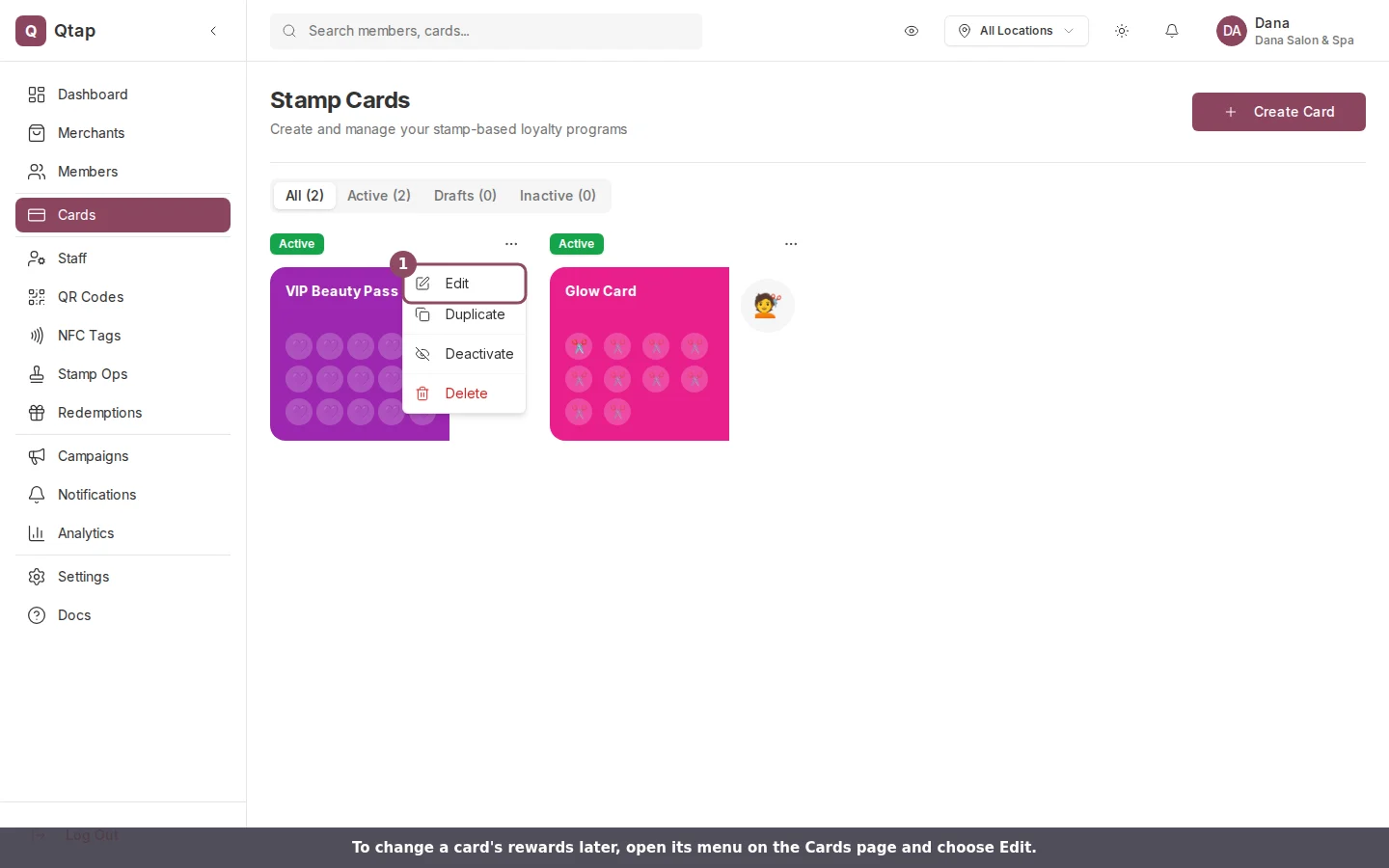 Cards page with a card's menu open showing the Edit option