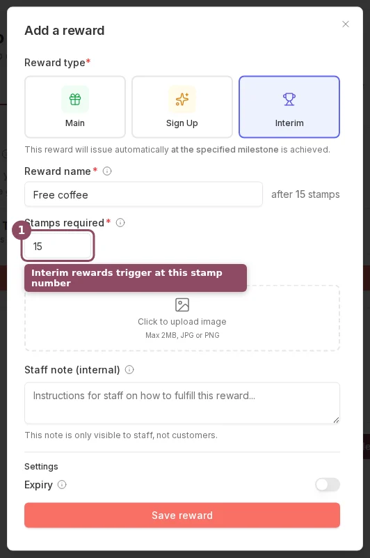 Reward editor with the Interim type selected, showing the Stamps required field