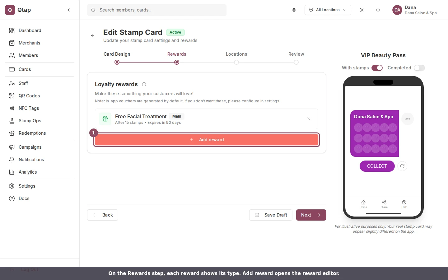 Rewards step of the stamp card editor with one Main reward listed and the Add reward button