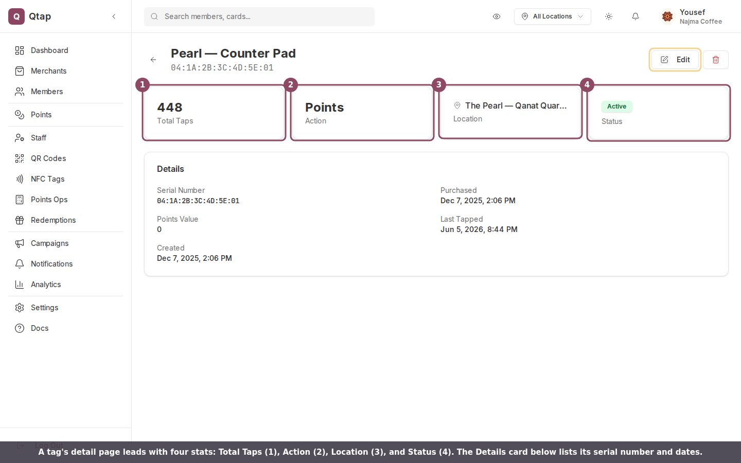NFC tag detail page showing total taps, action, location, status, and the Details card