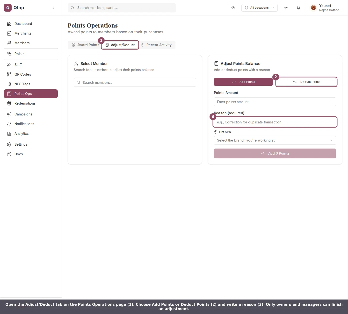 The Adjust/Deduct tab on the Points Operations page