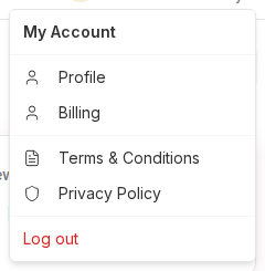 Account menu open showing Profile, Billing, Terms and Conditions, Privacy Policy, and Log out