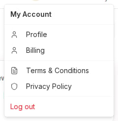 Account menu open showing Profile, Billing, Terms and Conditions, Privacy Policy, and Log out