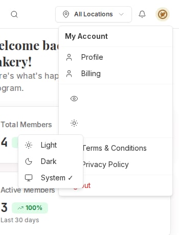 Mobile account menu open with an eye icon row and a sun icon row, and the Light Dark System menu open beside it
