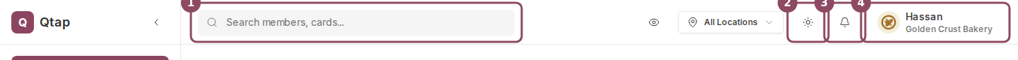 Qtap dashboard top bar with the search box, theme picker, notifications bell, and account menu numbered