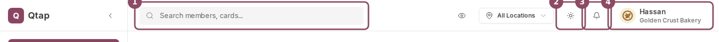 Qtap dashboard top bar with the search box, theme picker, notifications bell, and account menu numbered