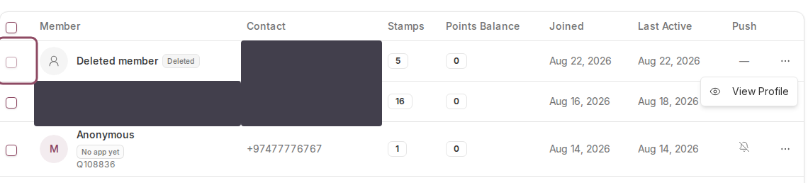 Members table with a Deleted member row whose checkbox is disabled and whose menu shows only View Profile
