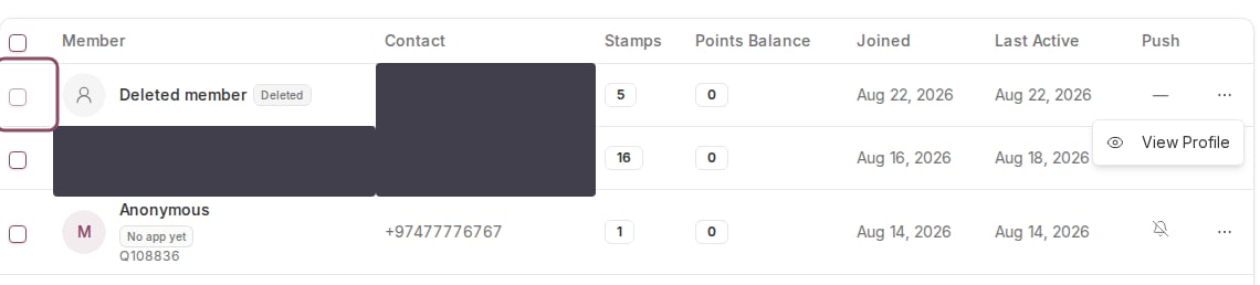 Members table with a Deleted member row whose checkbox is disabled and whose menu shows only View Profile