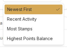 Sort menu open showing Newest First, Recent Activity, Most Stamps, and Highest Points Balance