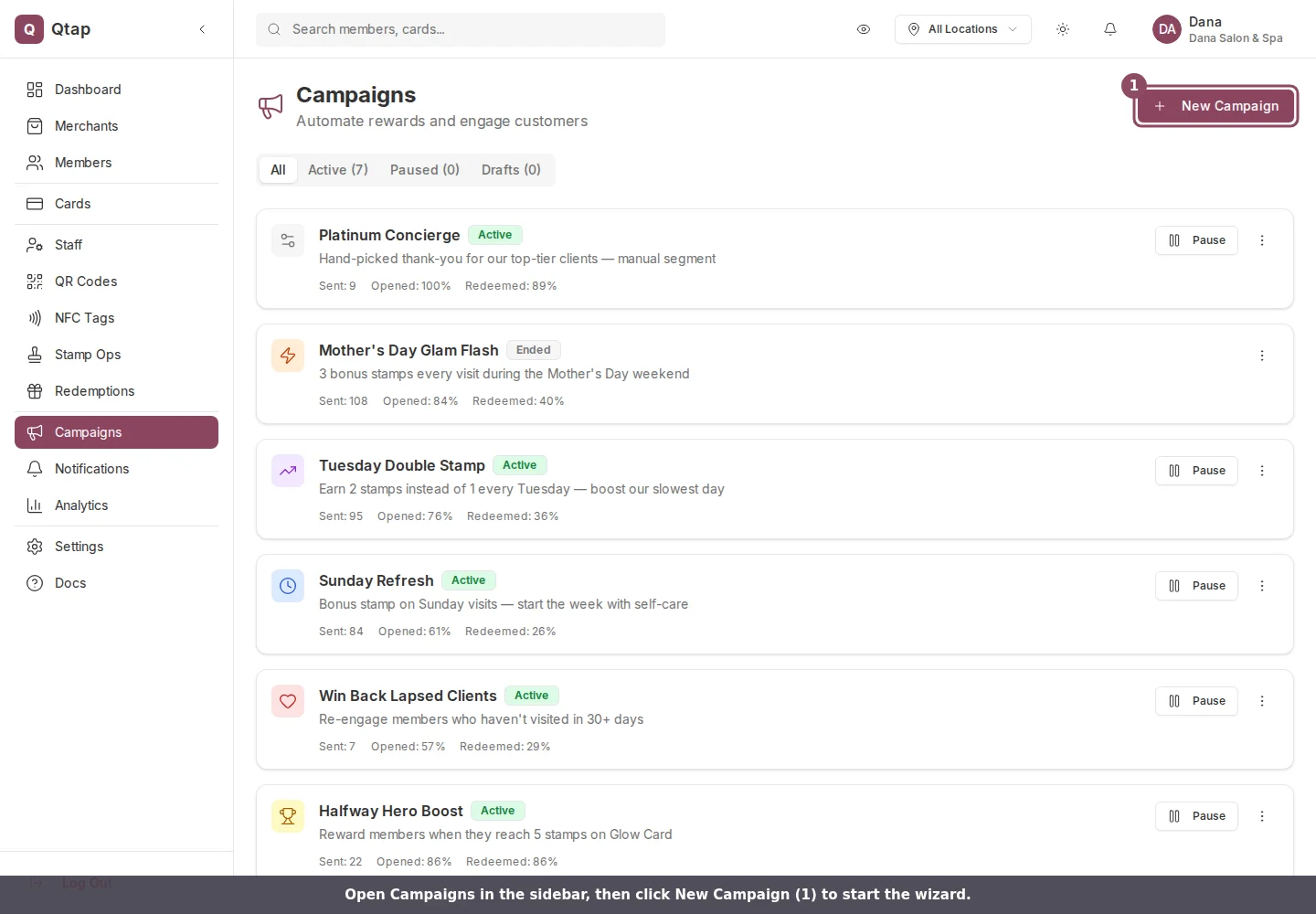 Campaigns list with the New Campaign button highlighted