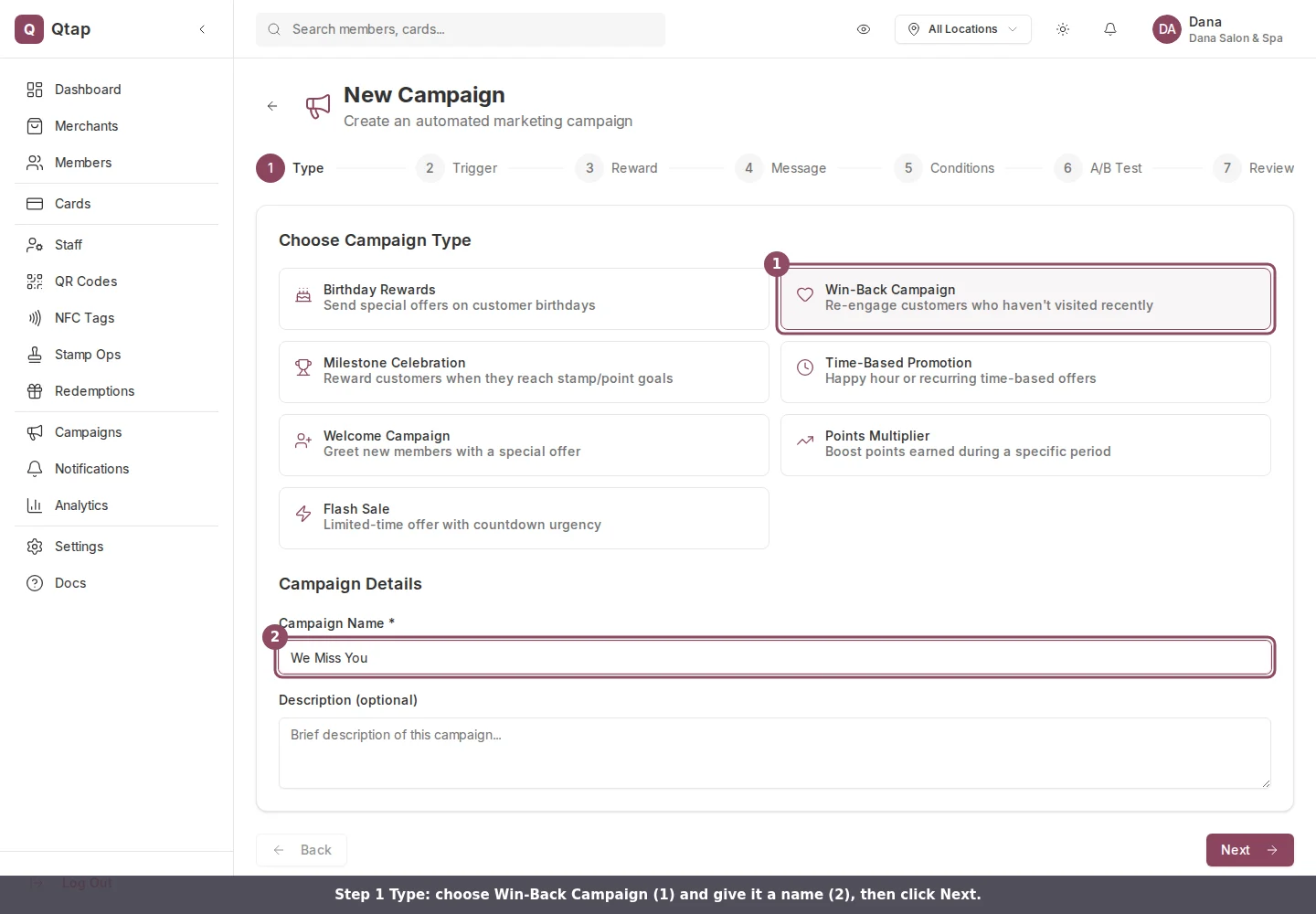 Campaign type step with Win-Back Campaign selected and a name entered