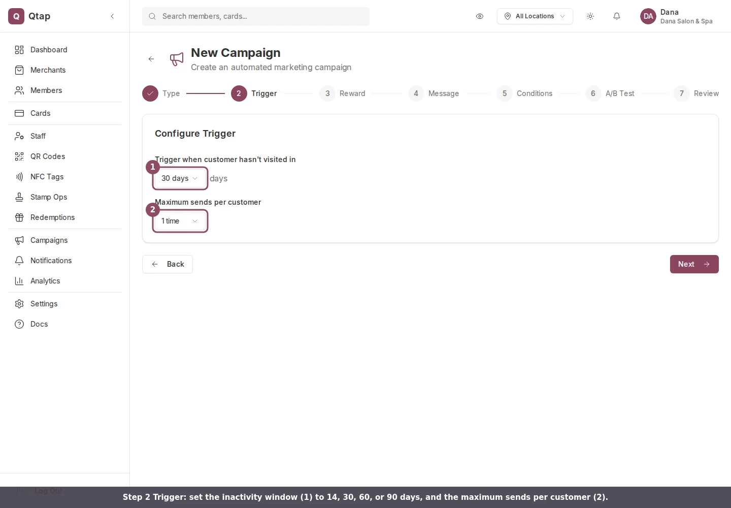 Trigger step with the inactivity period and maximum sends fields highlighted