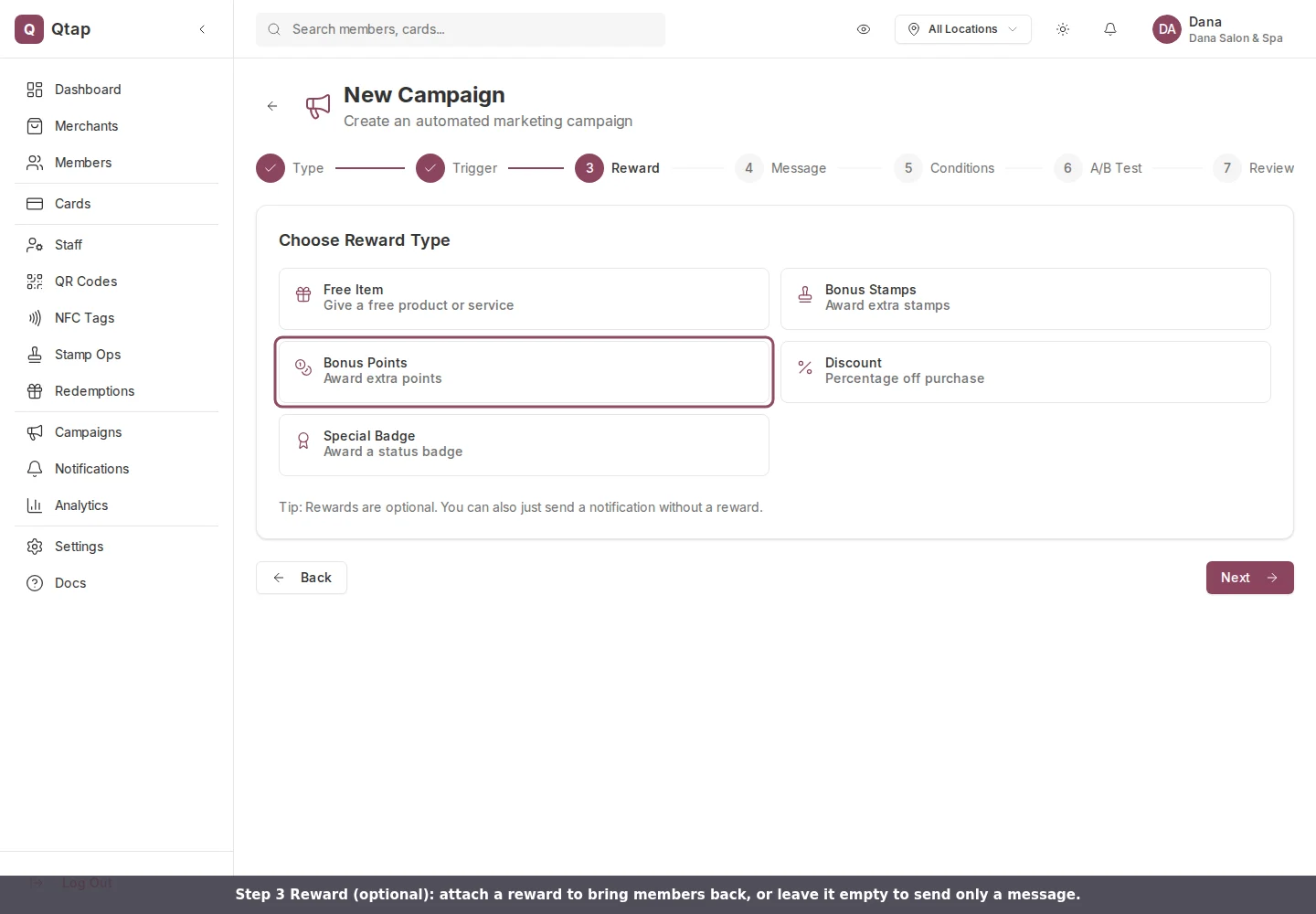 Reward step showing the five reward types with Bonus Points highlighted