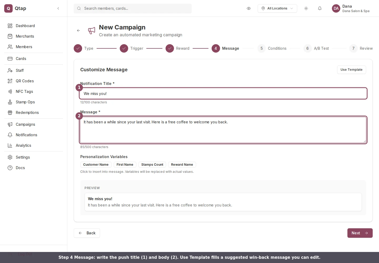 Message step with the notification title and message fields filled in