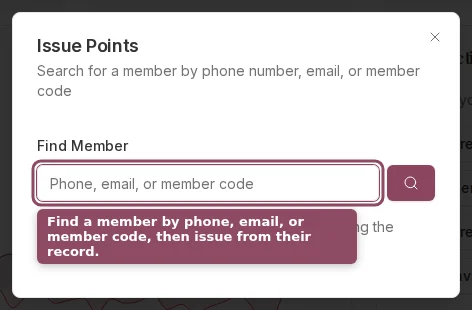 Issue Points dialog with a search box for phone, email, or member code