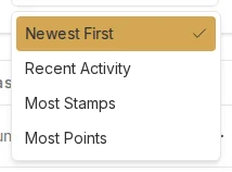 Sort menu open showing Newest First, Recent Activity, Most Stamps, and Most Points
