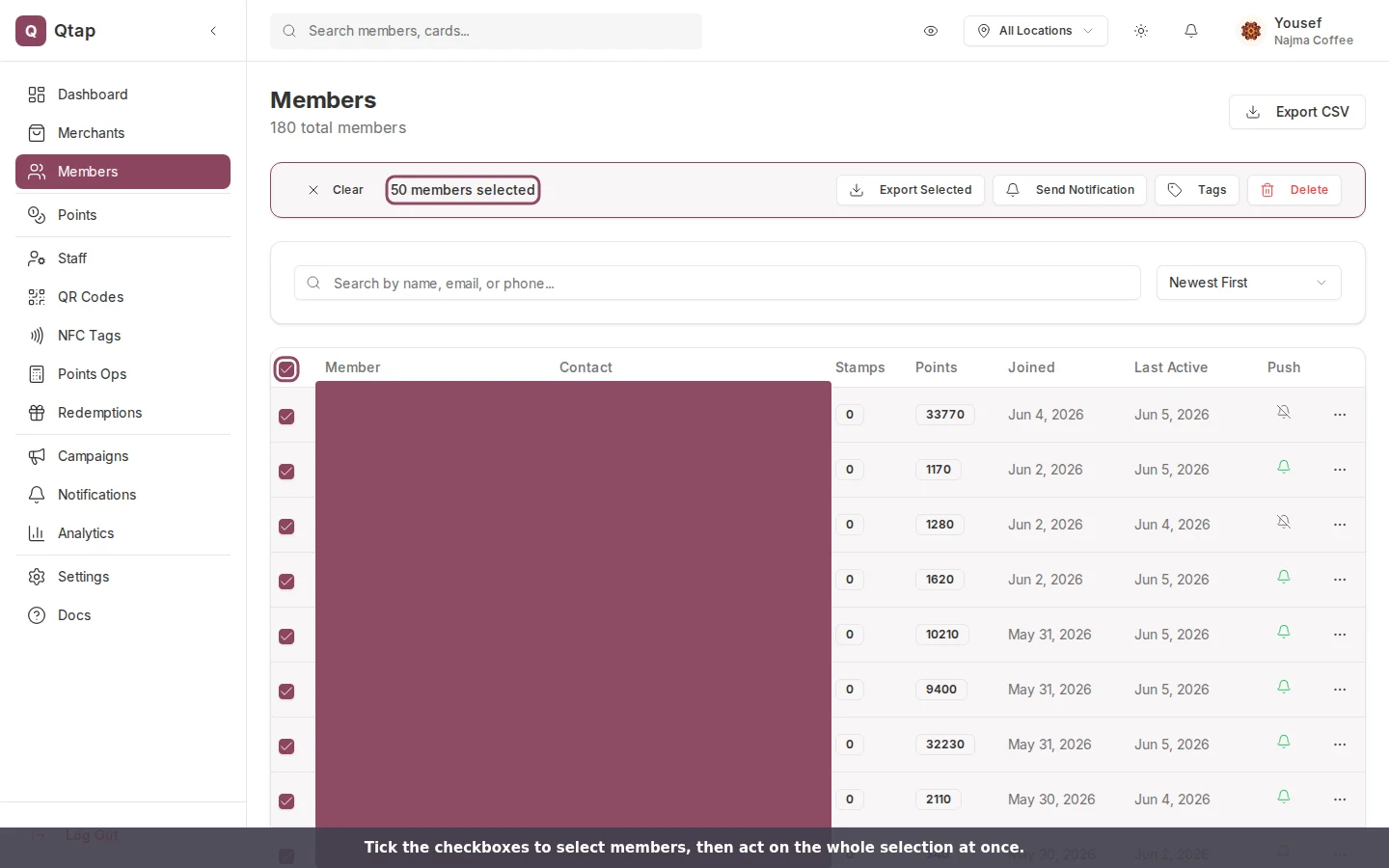 Member list with rows selected and the bulk action bar showing Export, Send Notification, Tags, and Delete
