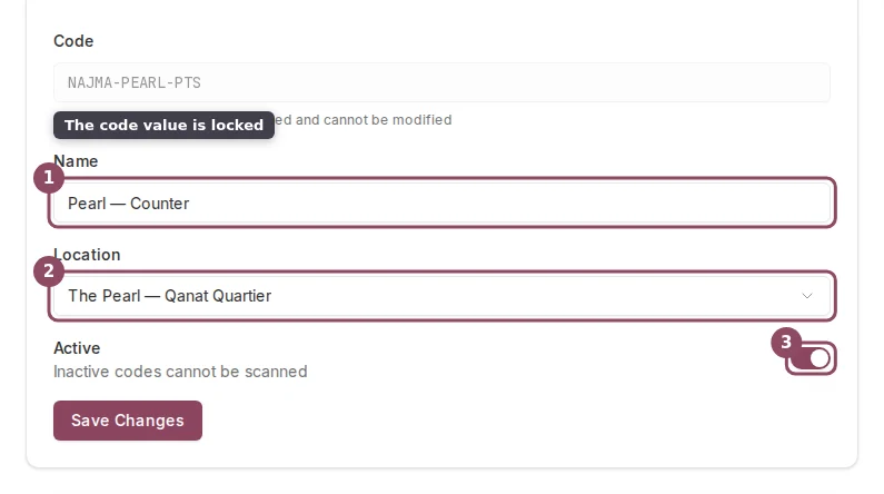 The edit form with the name, location, and active toggle highlighted