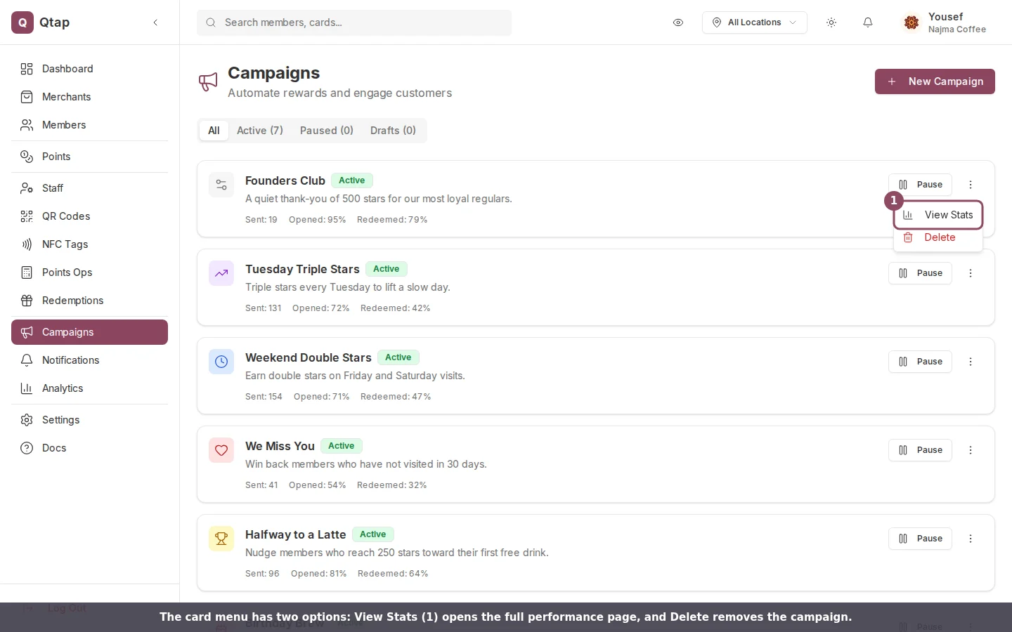 Campaign card menu showing View Stats and Delete