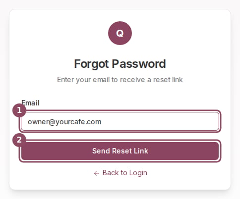 Forgot Password form with the email field and the Send Reset Link button highlighted.