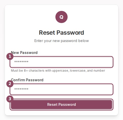 Reset Password form with the New Password field, Confirm Password field, and Reset Password button highlighted.