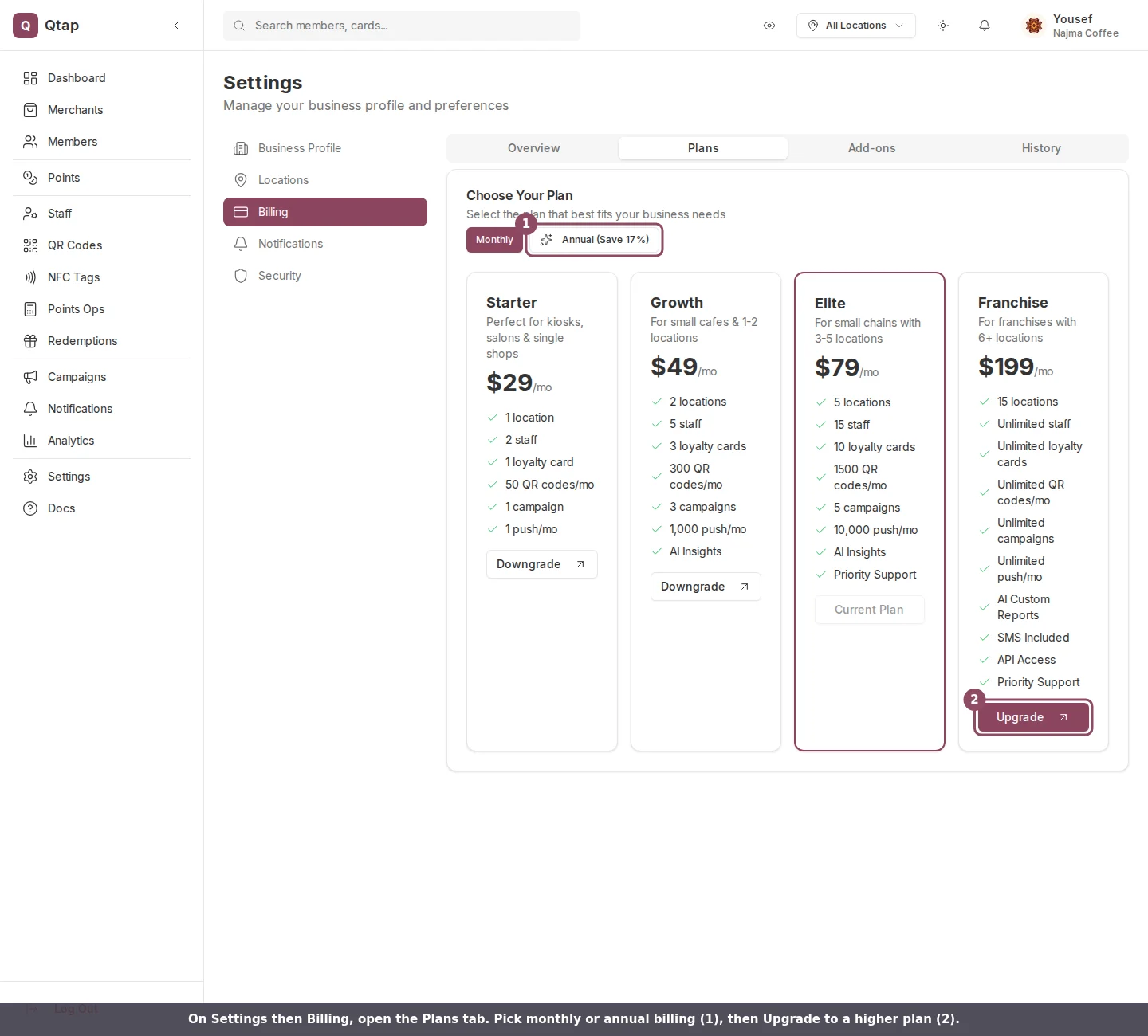 Plans tab showing Starter, Growth, Elite, and Franchise with the billing toggle