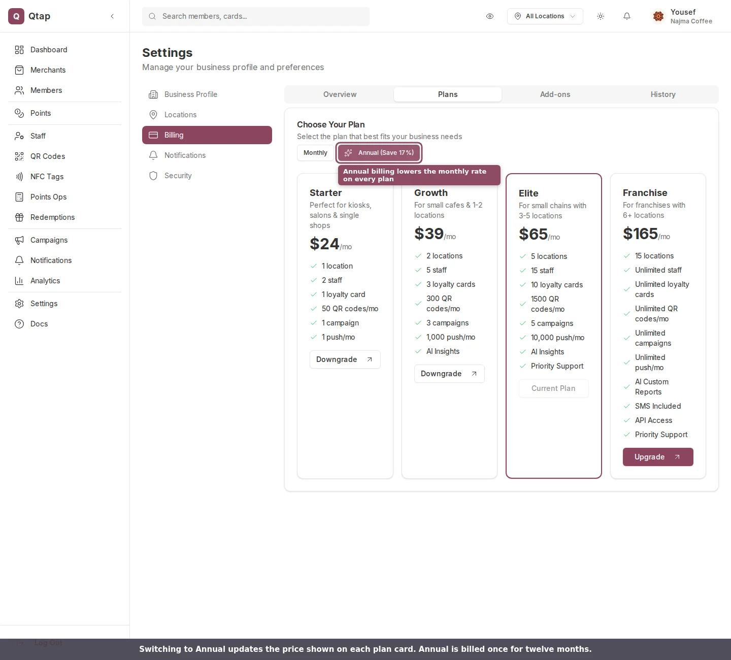 Plan cards showing annual per-month pricing after toggling Annual