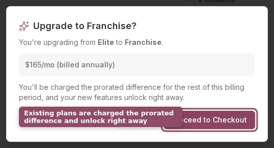 Upgrade to Franchise confirmation dialog with the prorated charge note