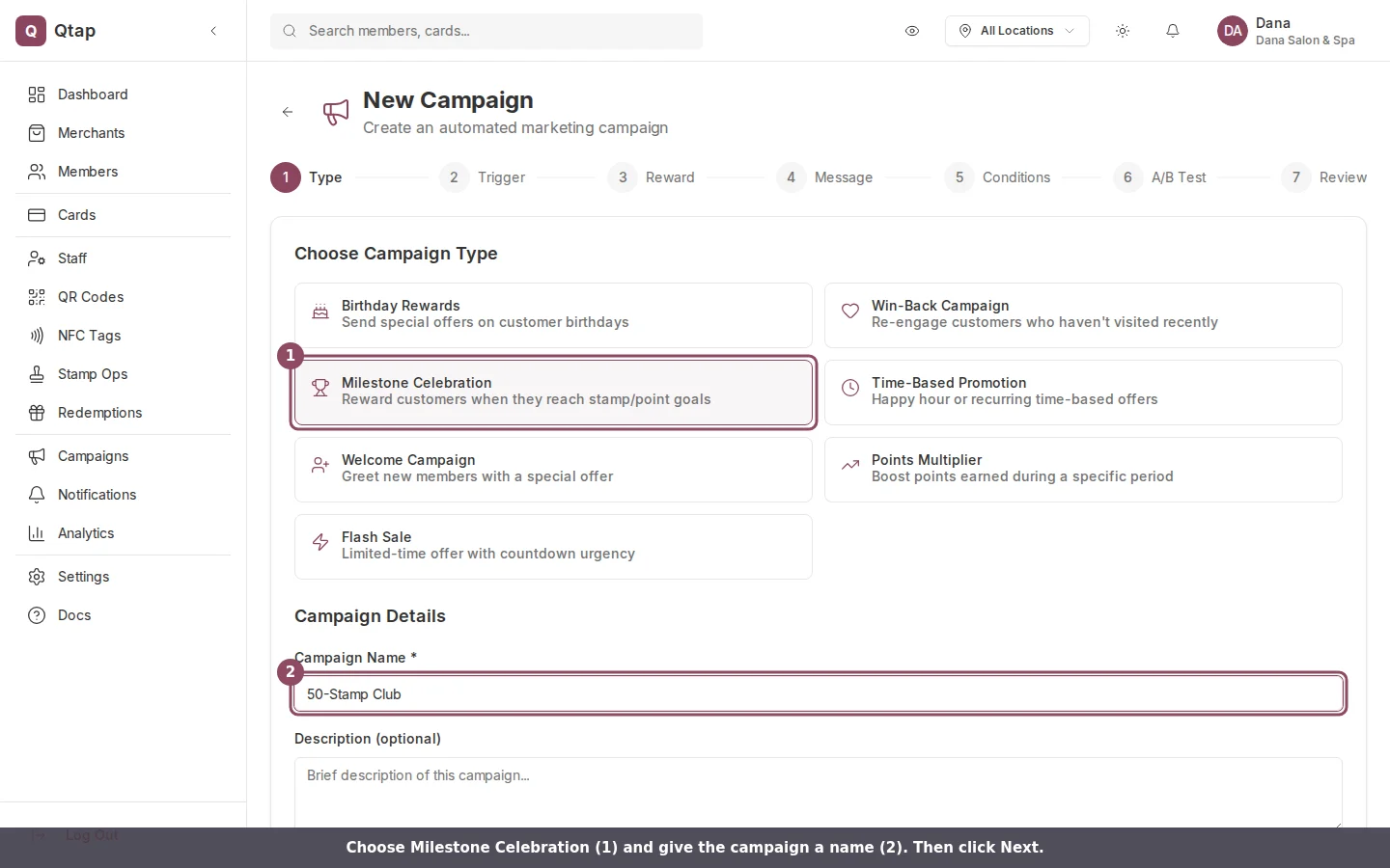 Campaign type step with Milestone Celebration selected and a campaign name entered