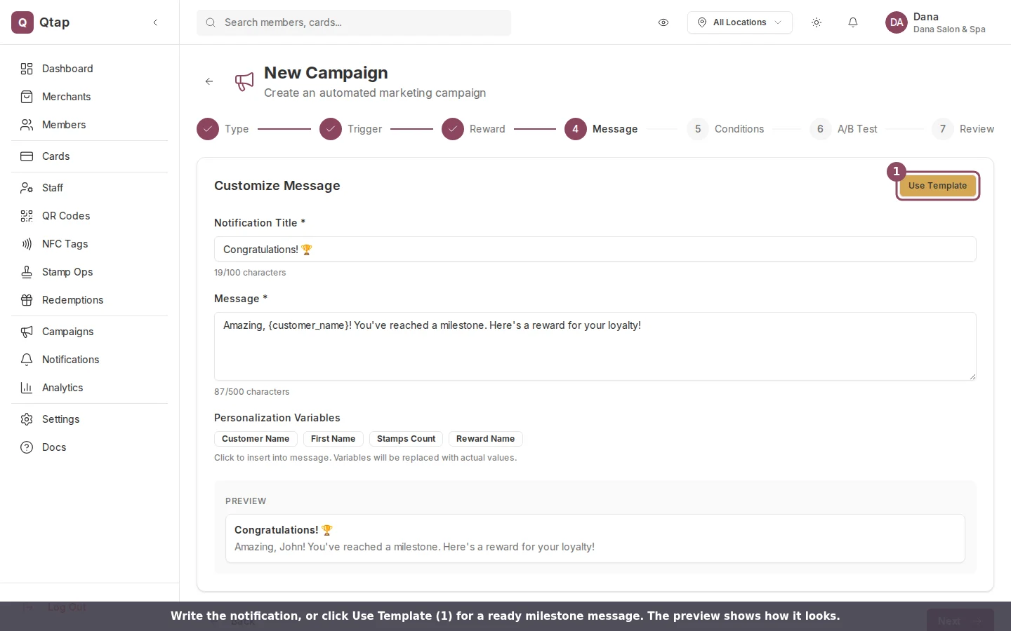 Message step with the milestone template applied and a live preview