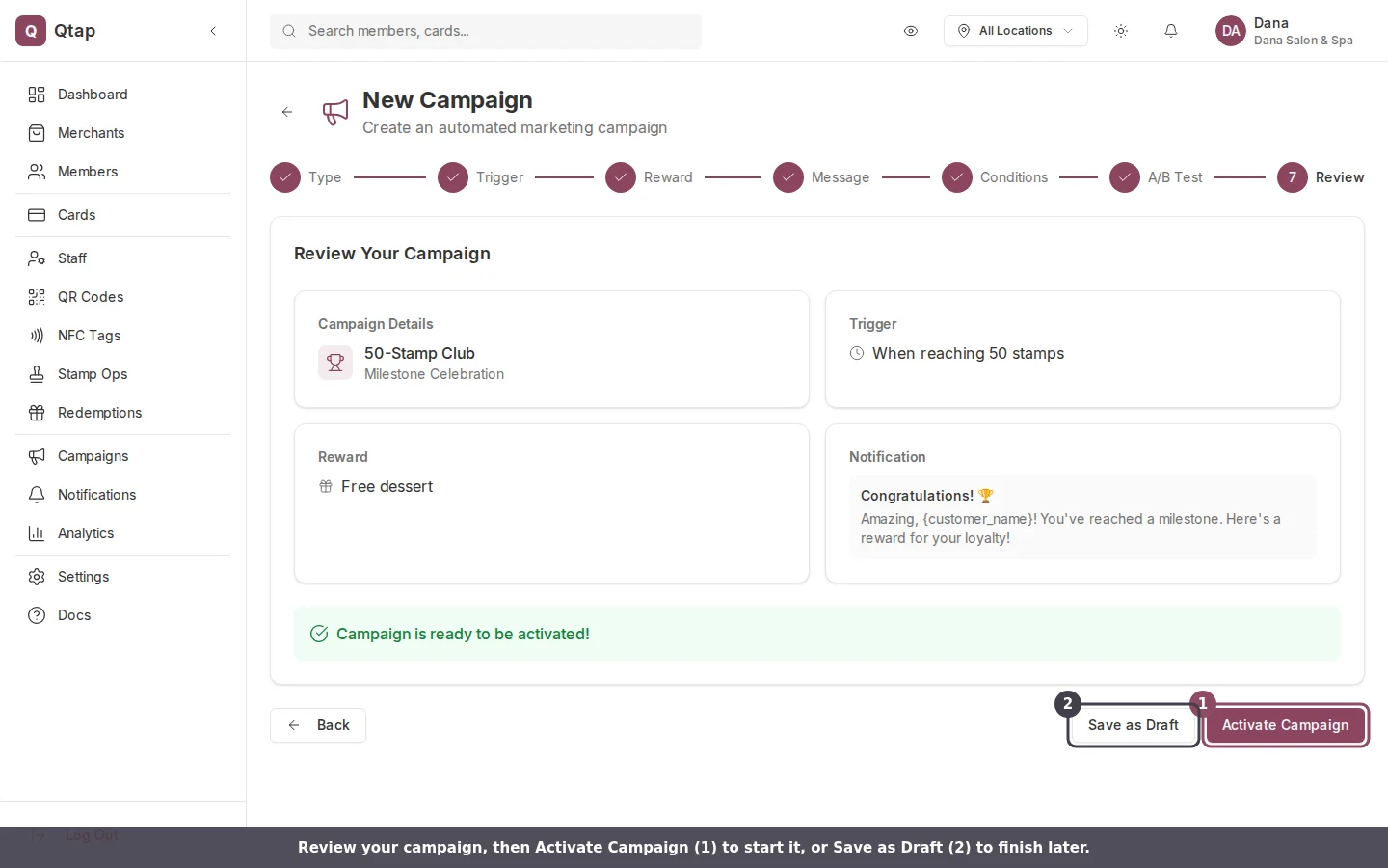 Review step showing the campaign summary with the Activate Campaign and Save as Draft buttons