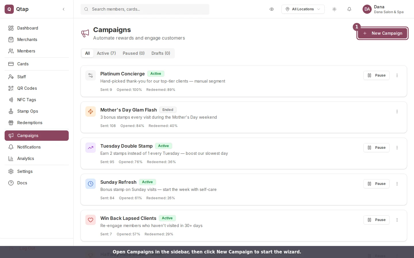 Campaigns page with the New Campaign button highlighted