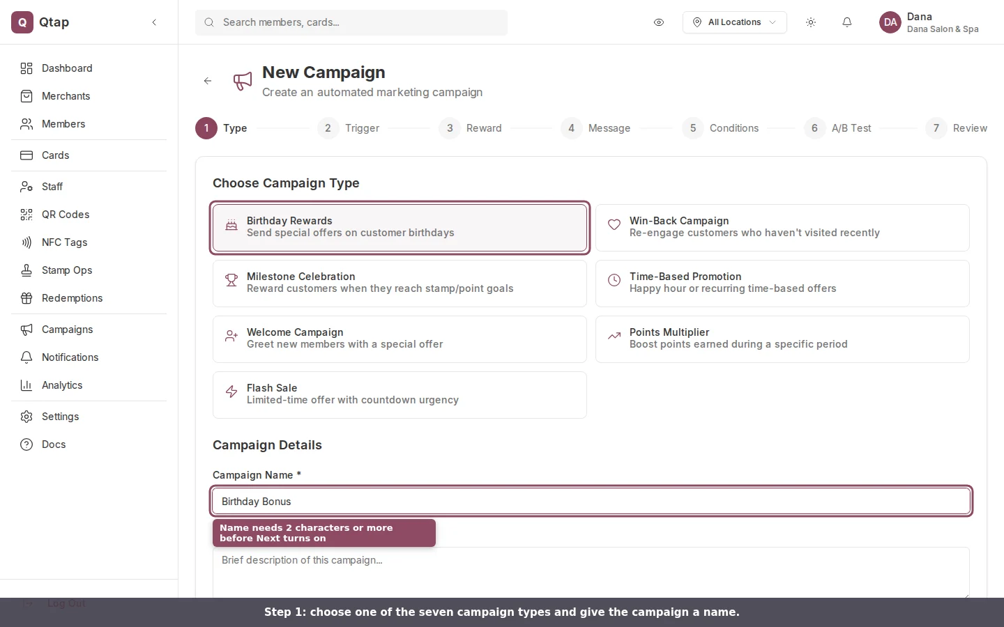 Campaign type selection with seven options and the name field
