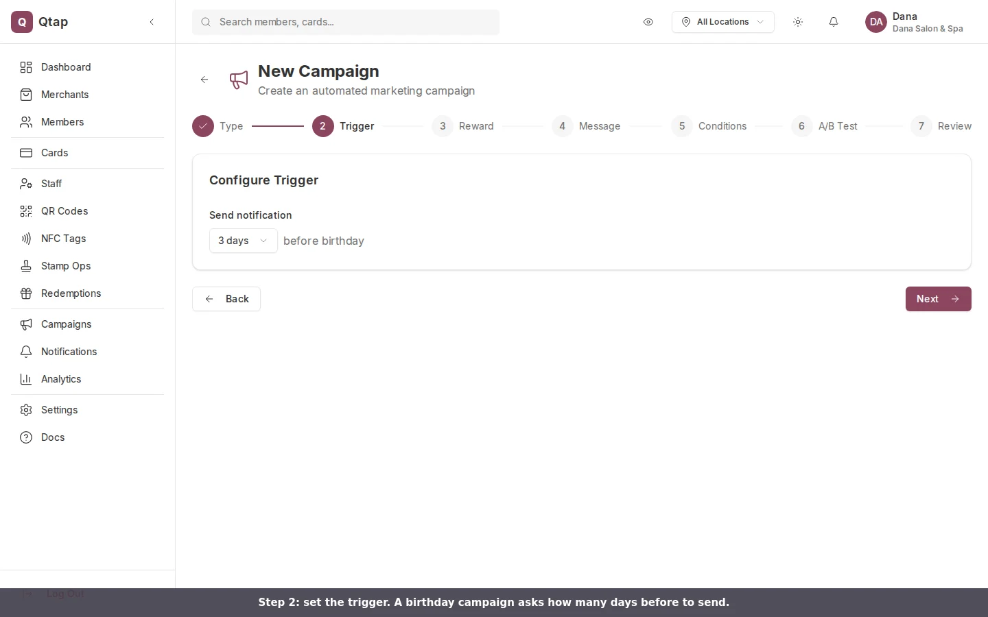 Trigger configuration for a birthday campaign