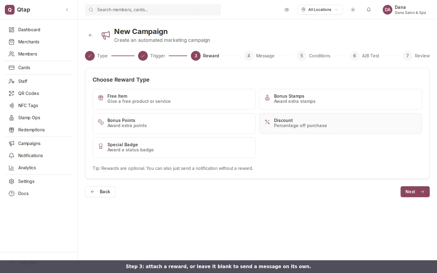 Reward type selection with five options