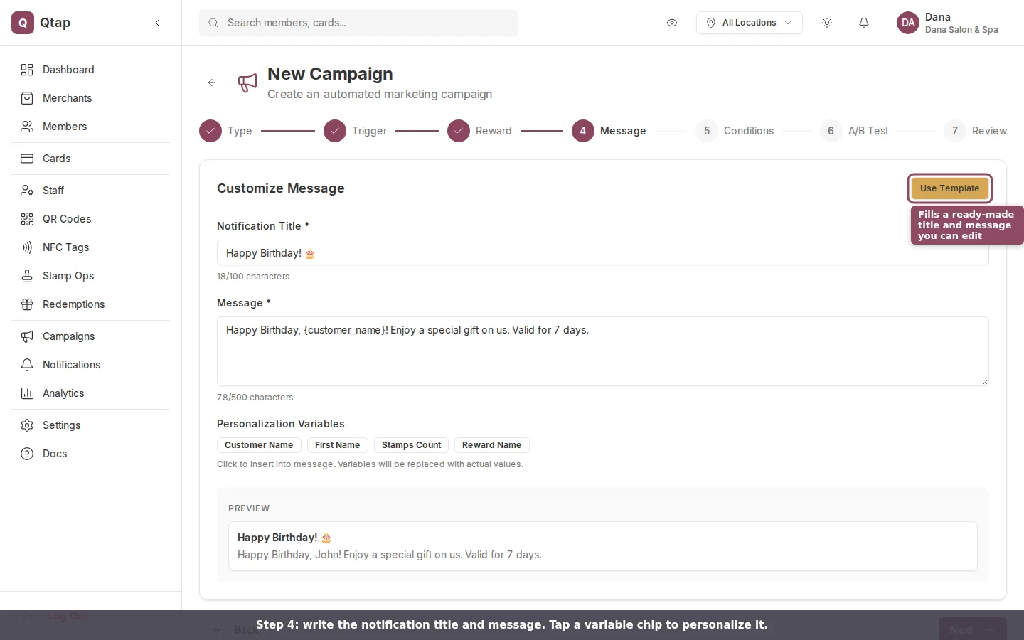 Message step with title, body, personalization variables, and preview