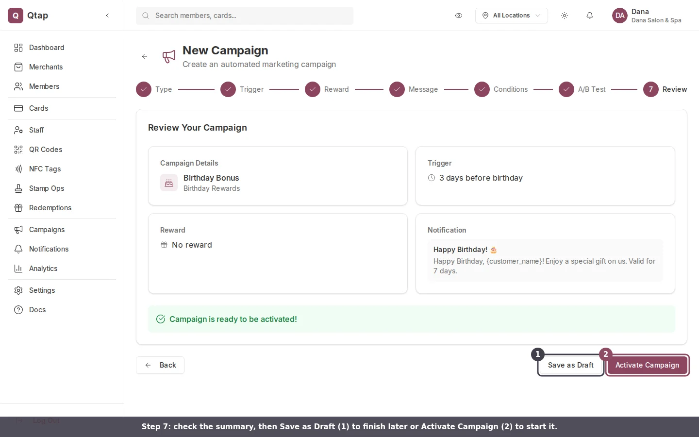 Review step summary with Save as Draft and Activate Campaign buttons