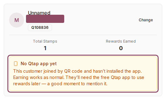 A member card on Stamp Operations with an amber note reading No Qtap app yet