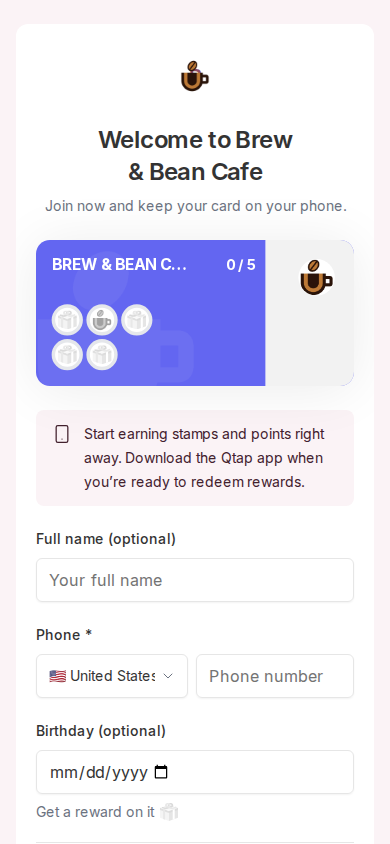 The Qtap join page on a phone, showing the card preview, a note about downloading the app, and the name, phone, and birthday fields