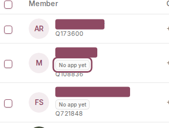 Members list rows showing the No app yet badge under a member name
