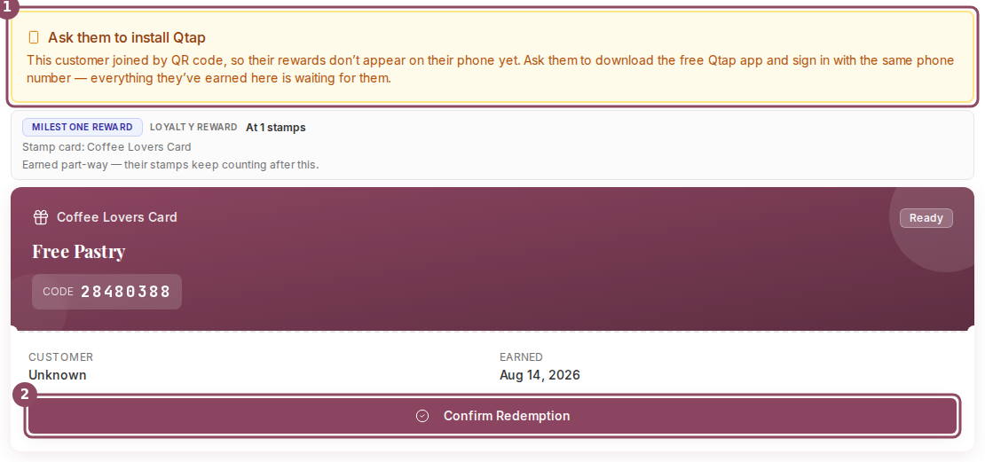 The Redemptions page showing an Ask them to install Qtap note above a Ready voucher with a Confirm Redemption button