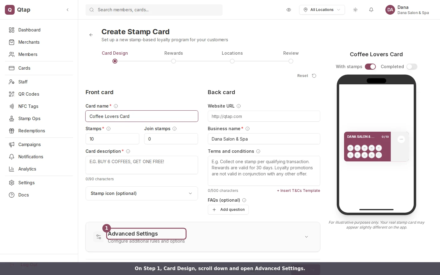 The Create Stamp Card wizard on the Card Design step with the Advanced Settings section highlighted