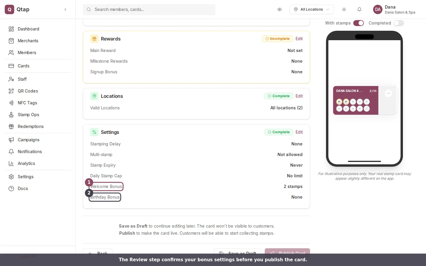 The Review step Settings summary showing Welcome Bonus set to 2 stamps and Birthday Bonus set to None