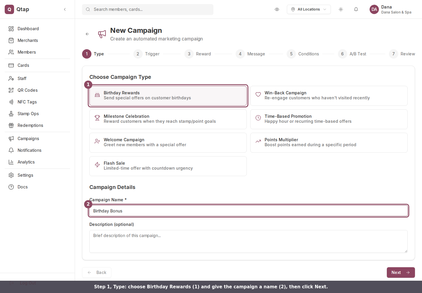 The campaign wizard Type step with Birthday Rewards selected and the Campaign Name field filled